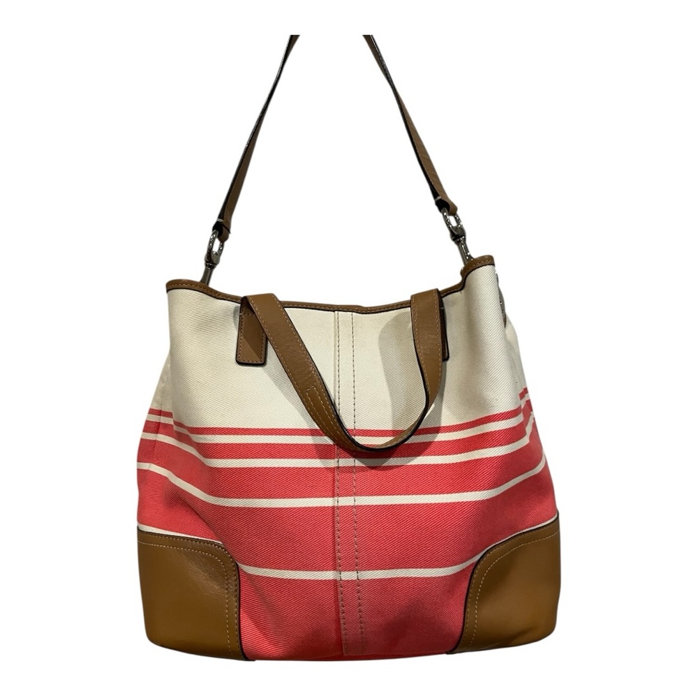 Coach Hadley Twill leather accent wide striped tote satchel shoulder bag